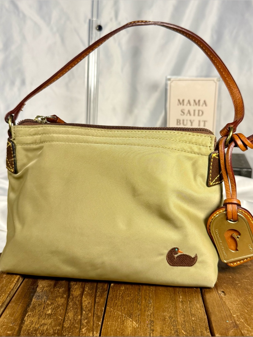 Dooney & Bourke Olive Nylon Shoulder Bag Leather Strap Duck Charm